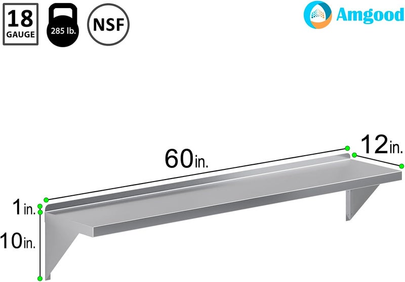 AmGood 12" x 60" Stainless Steel Wall Shelf | Appliance & Equipment Metal Shelving | Kitchen, Restaurant, Garage, Laundry, Utility Room | Heavy Duty | Squared Edge | NSF Certified - Image 3